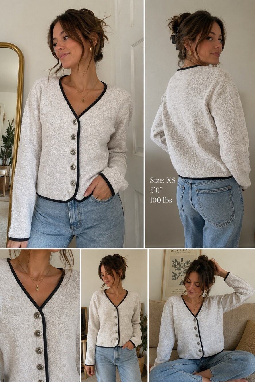 Vintage Tiburon Cotton Cardigan Sweater Medium Black Trim Floral Buttons